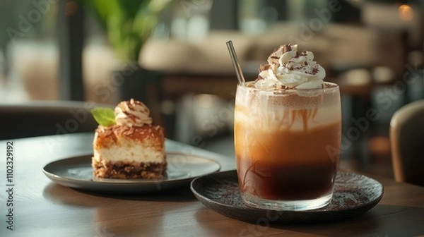 Fototapeta Unique Coffee Drink with Distinct Flavor Combination Perfectly Paired with Delicious Dessert for an Inviting Café Experience