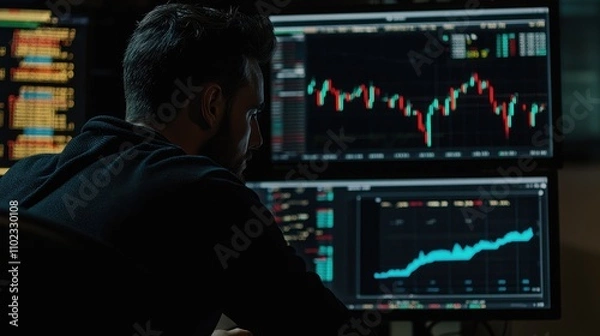 Fototapeta Professional financial expert analyzing stock market data on multiple screens in a trading environment, showcasing economic trends and investment strategies in real-time.