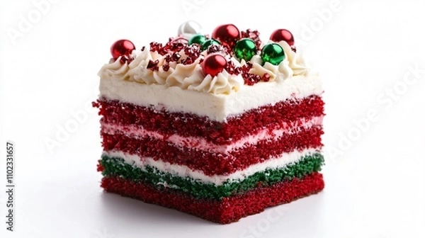Fototapeta A layered cake with red and green sponge, topped with cream frosting and tiny edible ornaments, isolated on a white background