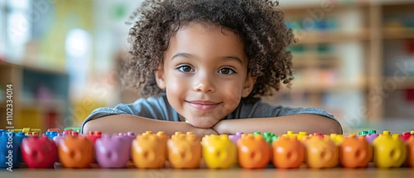Obraz Happy Preschool Child Playing with Colorful Blocks