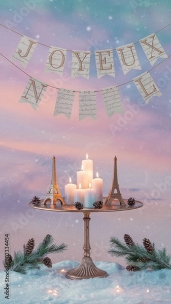 Fototapeta Festive table display featuring candles and Eiffel Tower decorations against a snowy backdrop at twilight