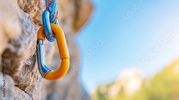 Obraz Close-up of a colorful carabiner tightly secured to a rock face with climbing ropes, emphasizing safety and reliability during climbing explorations outdoors.