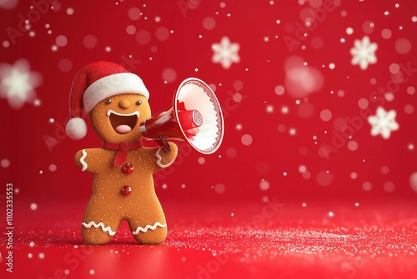 Fototapeta christmas gingerbread man with megaphone announcing festive news, red snowy background, holiday cheer