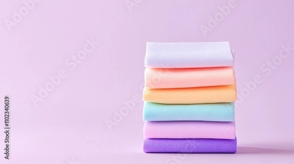 Fototapeta Soft and Colorful Stacked Fabrics on a Light Purple Background Perfect for Spring, Craft Projects, Displays, or Textile Design Inspiration