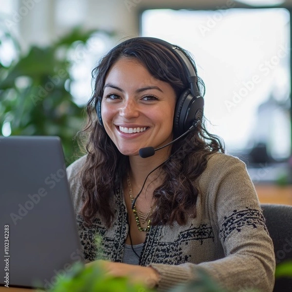 Fototapeta Portrait of Latin American business woman, office worker looking at camera and smiling, using headset and laptop for remote online communication, customer support tech call center worker.