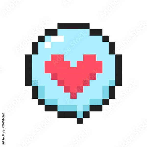 Fototapeta Speech bubble with red heart 8-bit icon, Speech bubble pixel art item.