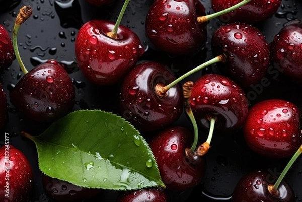 Fototapeta Cherry pile with leaf and water drops on black table Ripe red cherries Top view Rustic fruit background