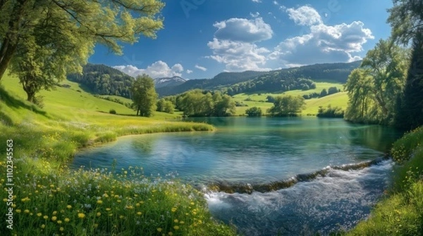 Obraz Discover the stunning Areuse River in Neuenburger Jura, with lush hills and tranquil, clear waters.
