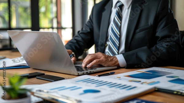 Obraz Senior man sitting at desk with laptop, handling important documents, managing finances or business matters.