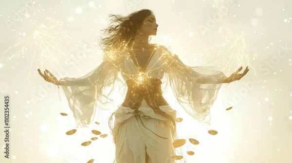Fototapeta Mystical Libra character surrounded by glowing, floating scales, with celestial attire adorned with stars and cosmic patterns, set against a soft white glow for a magical, ethereal feel.