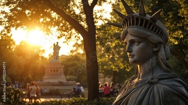 Obraz Statue of Liberty at Sunset in a Park, Symbolizing Freedom and Hope in New York City, with Visitors Enjoying the View