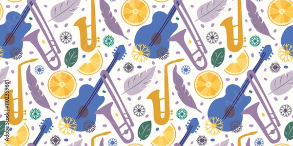 Fototapeta Pattern with music instruments and leaves
