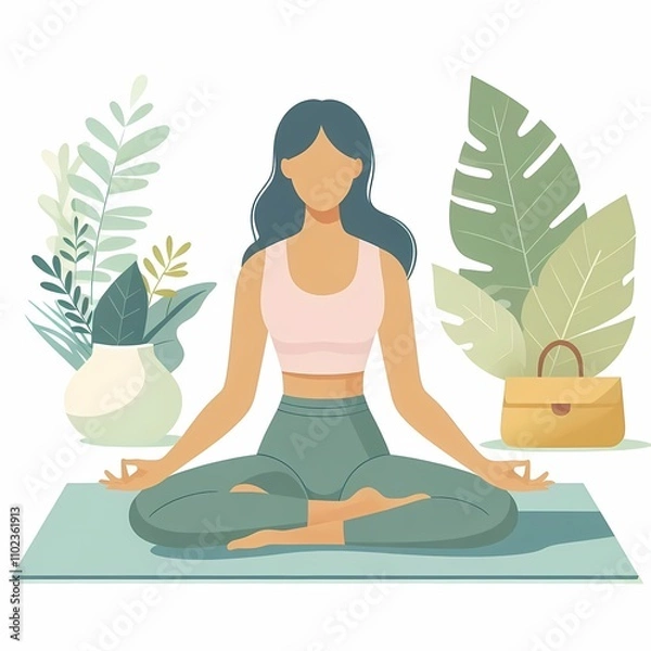 Fototapeta Flat Style Illustration of a Woman Practicing Meditation on a Mat, White Background