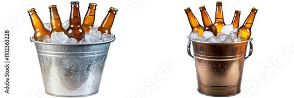 Fototapeta A metal bucket filled with ice and bottles of beer, isolated on a transparent background.