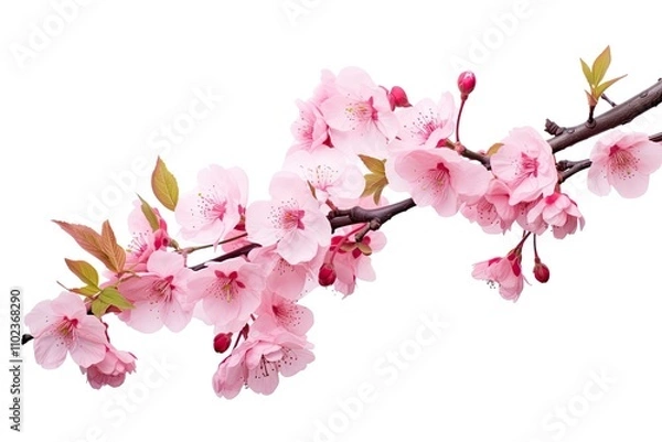 Fototapeta Cherry tree branch adorned with pink flowers isolated on white