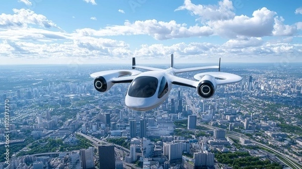 Fototapeta An advanced airborne vehicle gliding over a vibrant city, emphasizing the future of urban mobility, design innovation, and modern travel concepts.