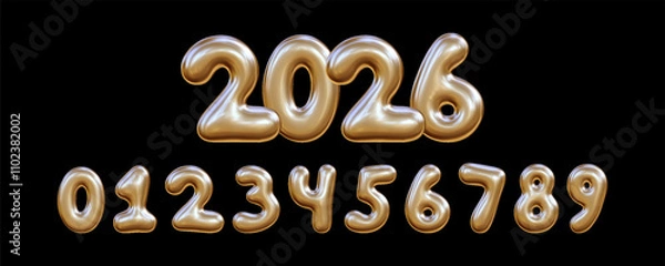Fototapeta Set of golden liquid numbers from zero to nine. 3D inflated numbers with reflective texture.