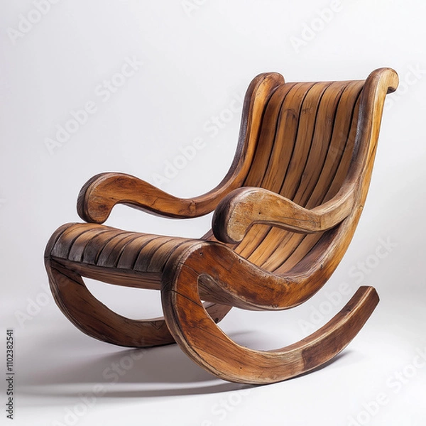 Fototapeta A beautifully crafted wooden rocking chair showcases its elegant curves and fine craftsmanship. The natural wood finish adds warmth and sophistication against a simple white background.