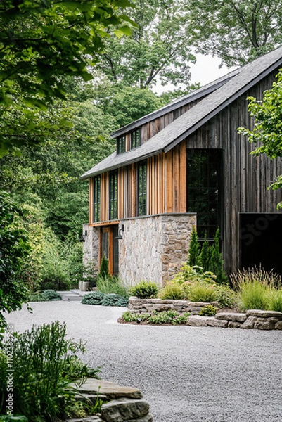 Fototapeta An architectural photograph of an exterior view from the driveway, showcasing how greenery and native plants surround a modern barn house with dark wood accents and stone walls.