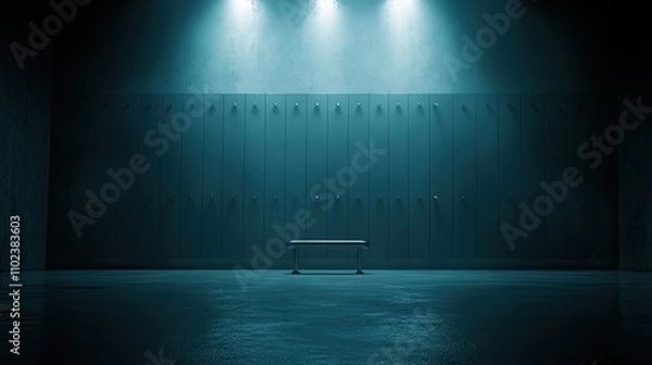 Fototapeta Empty dark locker room with a bench, illuminated by spotlights.