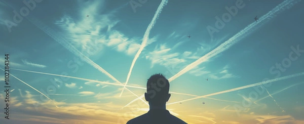 Obraz Person looking at the sky full of Chemtrails contrails