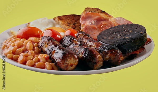 Obraz Full cooked English breakfast on a yellow background.