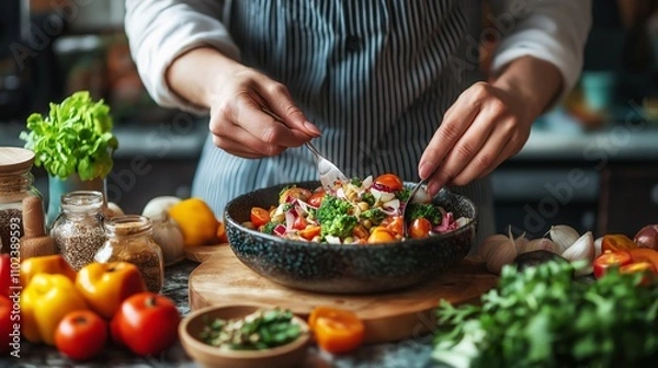 Fototapeta A chef prepares a colorful gourmet dish with fresh vegetables and herbs in a well-lit kitchen