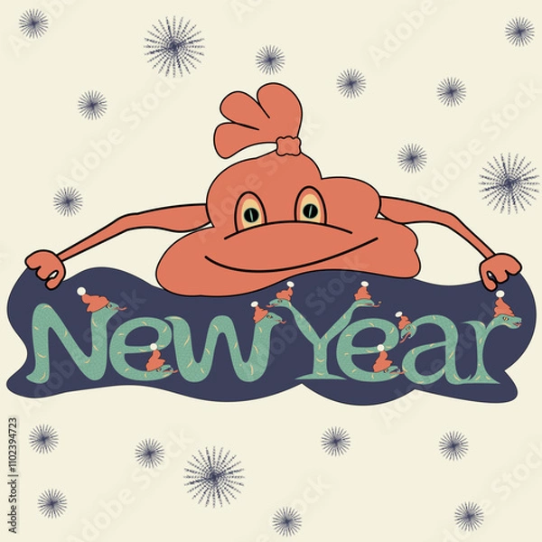 Fototapeta Happy New Year 2025 greetings from Santa Claus. A smiling red bag of padarki lies on the inscription "Happy New Year" and on green snakes in the form of letters and numbers.