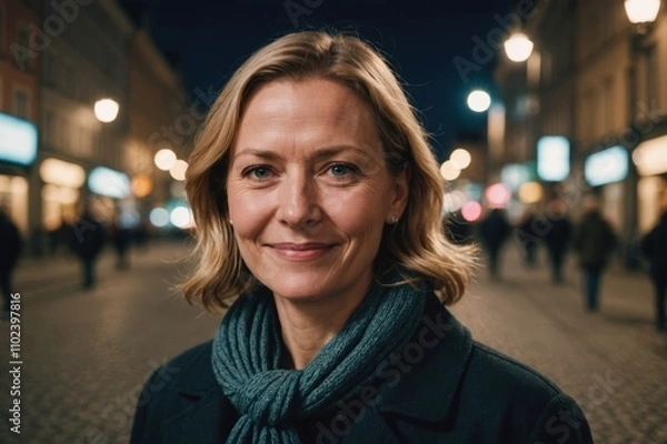 Fototapeta Close portrait of a smiling 40s Finnish woman looking at the camera, Finnish city outdoors at night blurred background