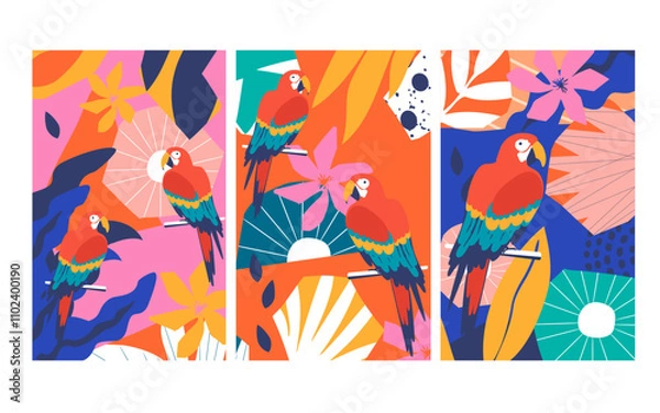 Fototapeta Colorful flowers and leaves poster background with parrots vector illustration design. Exotic tropical plants art print for travel and holiday, fashion, spa and wellness, wedding and events