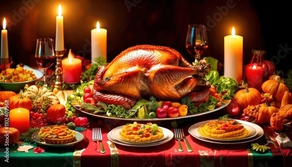Obraz  top view Thanksgiving festive table with turkey, vegetables and candles. Thanksgiving feast