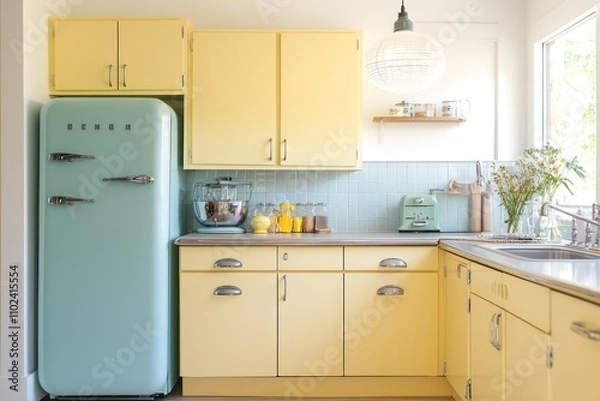 Obraz A kitchen with pastel yellow cabinets and retro appliances to create a cheerful, mid-century modern vibe.