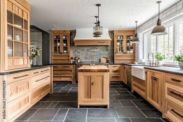 Obraz A modern artisan kitchen with custom-made wooden cabinets, slate floor tiles, and a handmade ceramic backsplash. The space includes a large kitchen island for crafts and food preparation.