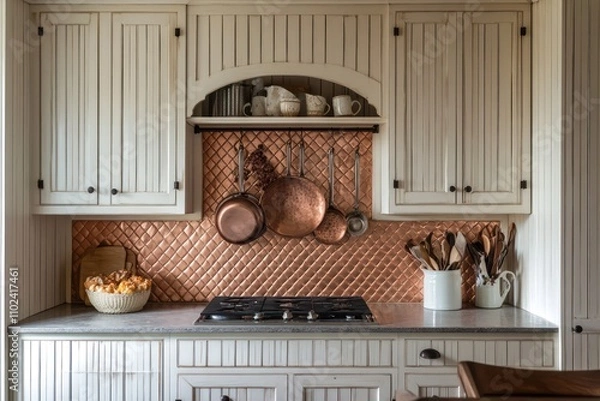 Obraz A Southern-style kitchen with beadboard cabinets, a quilted copper backsplash, and a hanging pot rack. The scent of baked goods fills the air, evoking a homely feel.