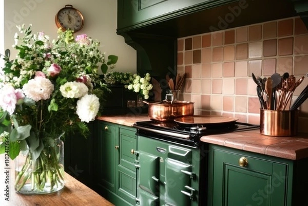 Obraz A traditional English kitchen with deep green cabinets, terracotta tiles, and an AGA cooker. Antique copper utensils and a bouquet of fresh flowers complete the charming look.