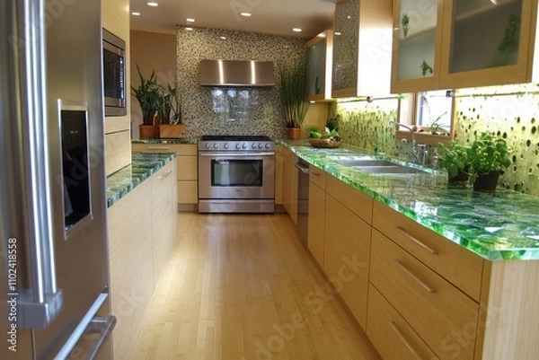 Obraz An eco-friendly kitchen with bamboo flooring, recycled glass countertops, and energy-efficient appliances. Plants are integrated into the design for a touch of green.