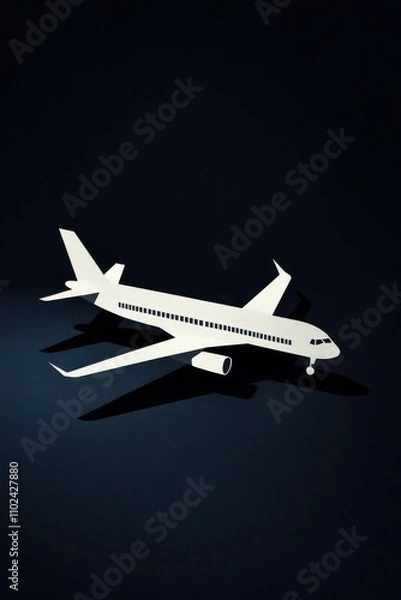 Obraz A minimalist paper model of an airplane casts striking shadows against a dark background.