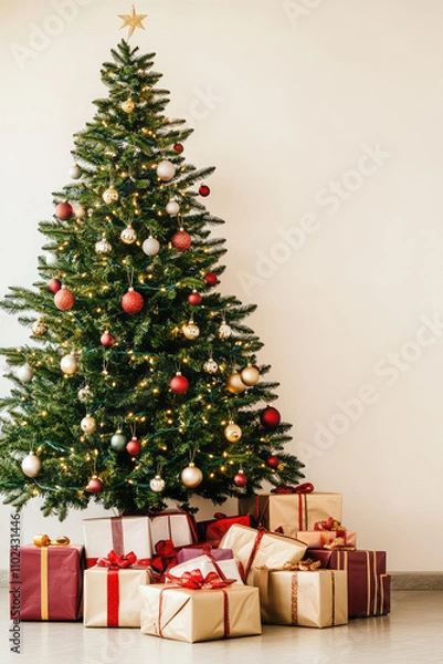 Fototapeta Beautiful decorated Christmas tree with a pile of presents on a simple minimalistic light colored wall background. Background with copy space for postcard or banner