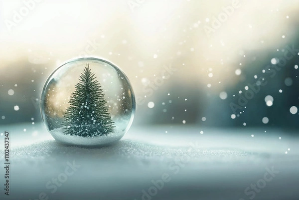 Obraz Snow Globe with Christmas Tree, Lights, and Falling Snow Background






