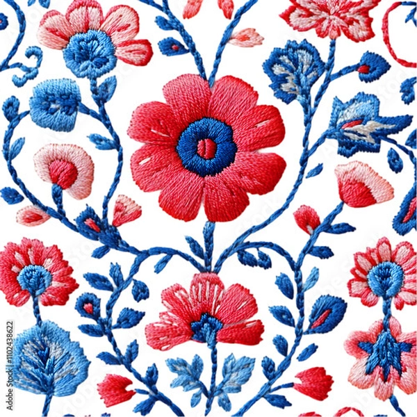 Fototapeta Intricate Embroidered Floral Pattern with Red and Blue Flowers

