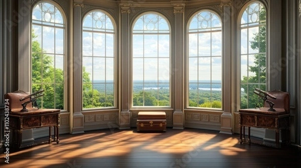 Fototapeta Luxurious Victorian observation room offering panoramic views through large bay windows