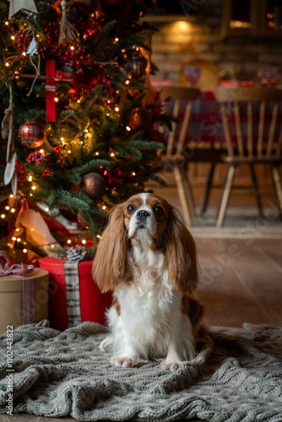 Fototapeta Cavalier King Charles Spaniel sitting under the Christmas Tree