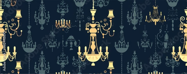 Fototapeta Elegant chandeliers, vintage furniture, and ornate details for a Victorian theme, flat, vector illustration, seamless pattern background design.