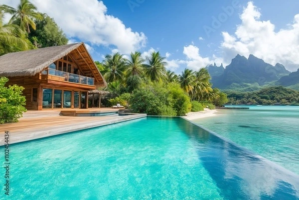 Fototapeta overwater bungalow with a private pool, set on a stunning turquoise lagoon surrounded by a chain of similar bungalows