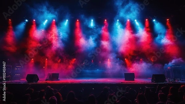 Fototapeta A vibrant concert stage illuminated by colorful lights and smoke, creating an energetic atmosphere.