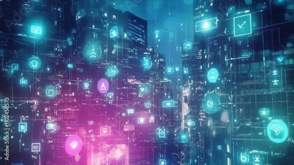 Fototapeta Futuristic Cityscape with Digital Icons and Neon Lights