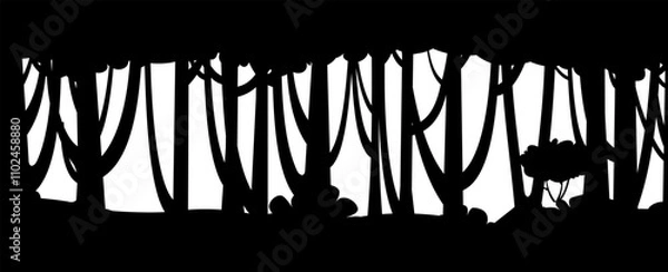 Fototapeta Forest landscape. Scenery with trees. Fun cartoon style. image is isolated on white background. Seamless black silhouette vector