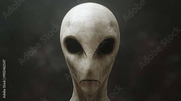 Fototapeta A creepy alien with a white face and a black eye stares at the camera