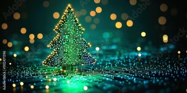 Fototapeta Digital Christmas tree on glowing circuits illuminated in vibrant green against, dark background with shimmering bokeh lights, modern holiday technology, Merry Christmas greeting card technology style