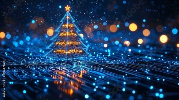 Fototapeta Futuristic digital Christmas tree glowing with blue and orange lights on electronic circuit board background, Merry Christmas greeting card computer technology style